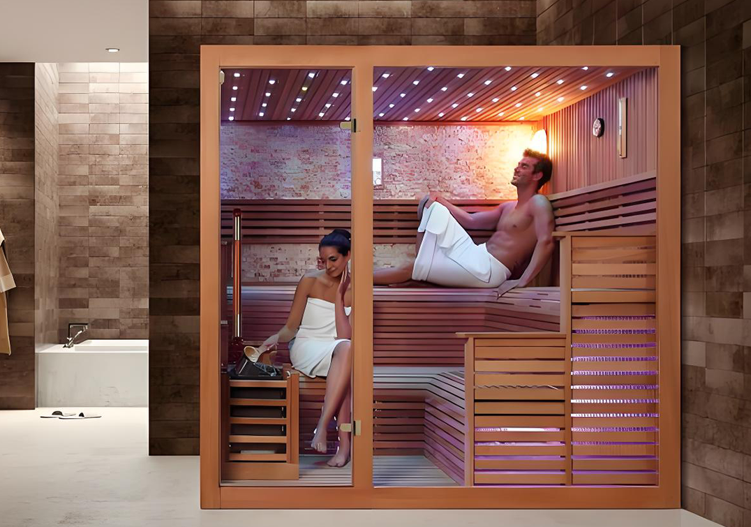 Traditional sauna interior with wooden benches and heating stones